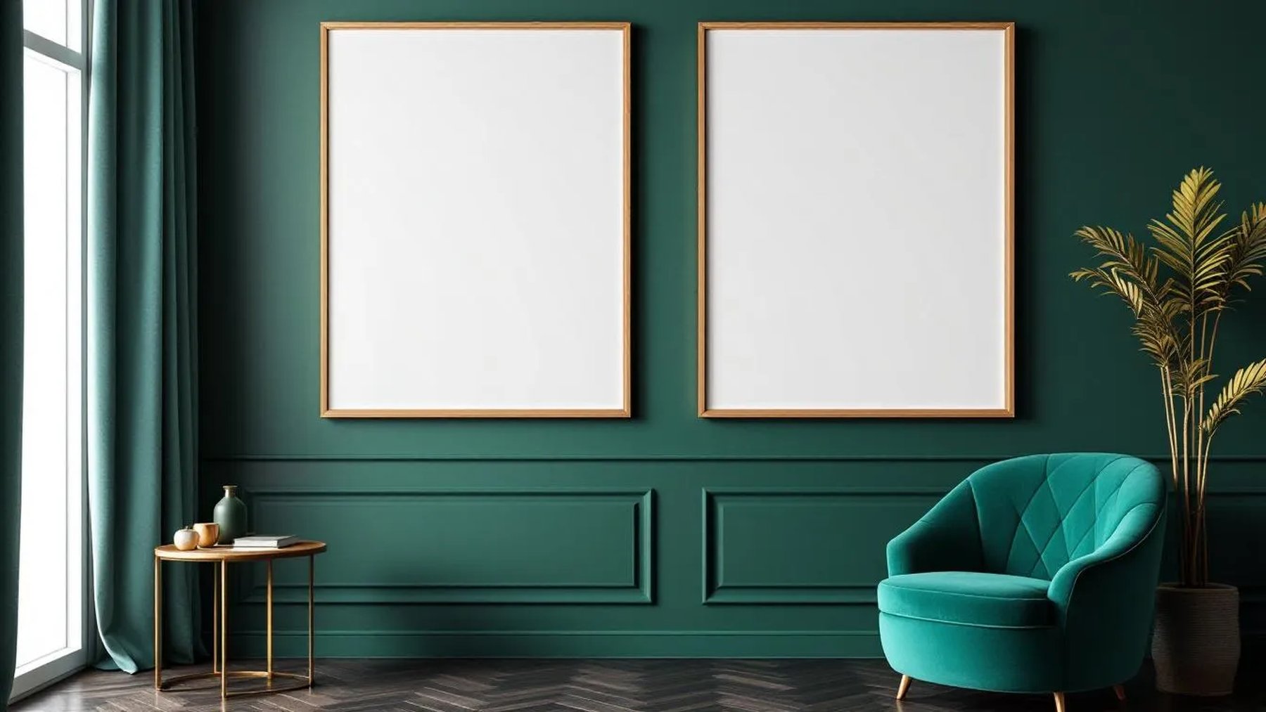 Art Deco Interior Frame Mockup — Raw Pine Frame Landscape 3:4 — Perspective View — #04670 | MockupBulk