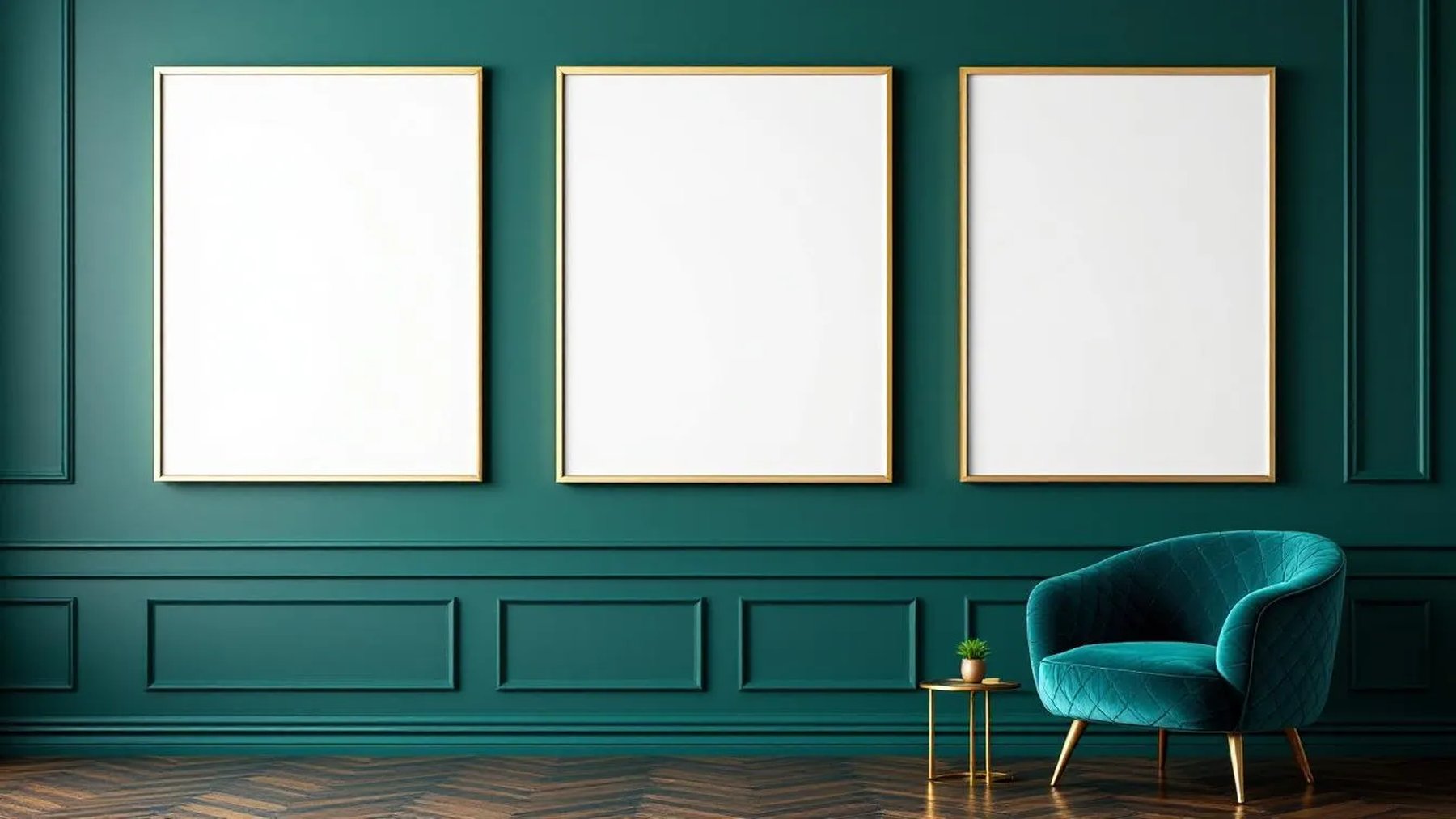 Art Deco Editorial Room Mockup — White Frame Landscape 3:4 — Perspective View — #04736 | MockupBulk
