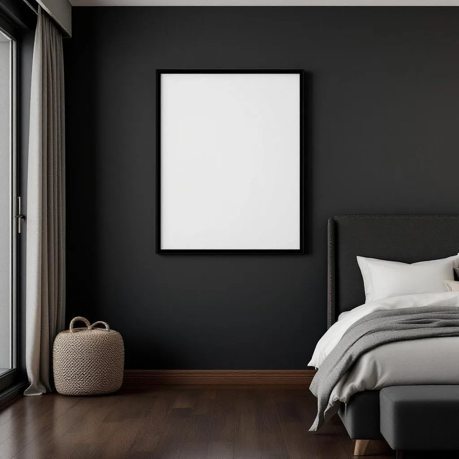 Dark Bedroom Styled Room Mockup — Plain Square Frame Landscape 11x14 — Perspective View — #02009 | MockupBulk