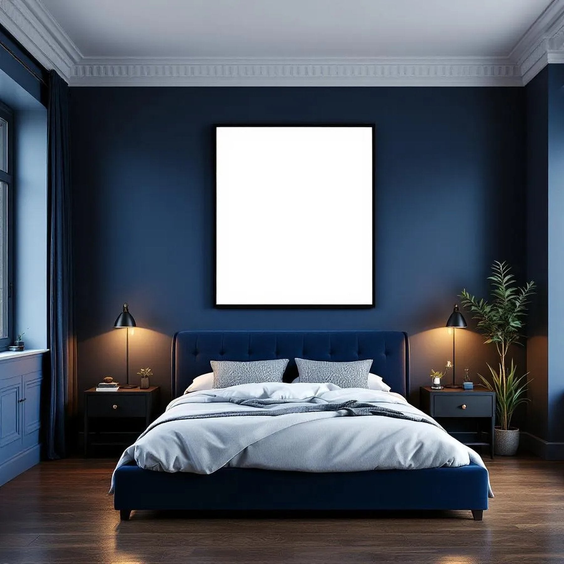 Dark Bedroom High-Res Frame Mockup — Plain Square Frame Portrait 2:3 — Perspective View — #02014 | MockupBulk