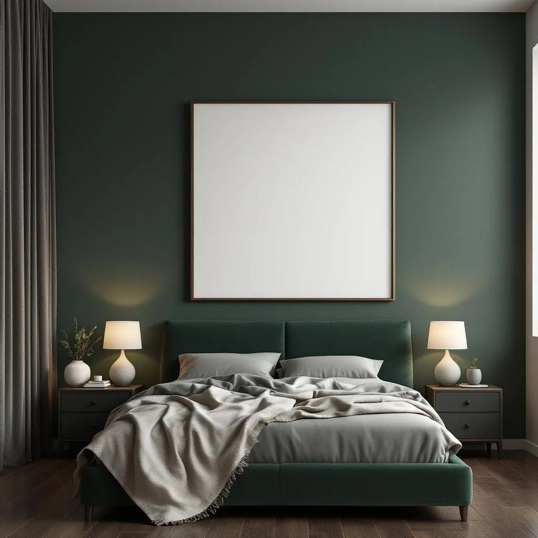 Dark Bedroom Lifestyle Frame Mockup — Plain Square Frame Portrait 2:3 — Perspective View — #02022 | MockupBulk
