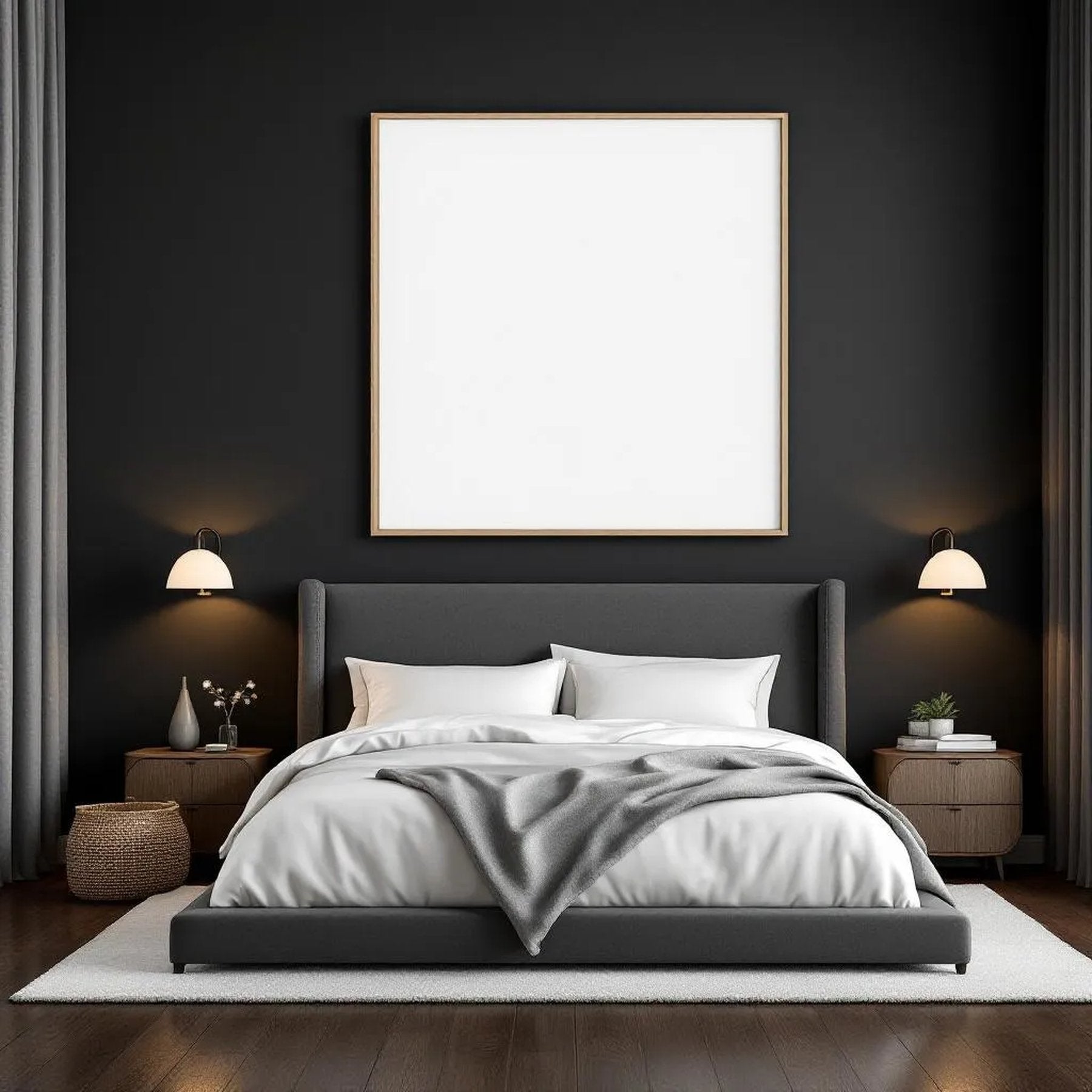 Dark Bedroom Wall Art Mockup — Plain Square Frame Portrait 2:3 — Perspective View — #02030 | MockupBulk