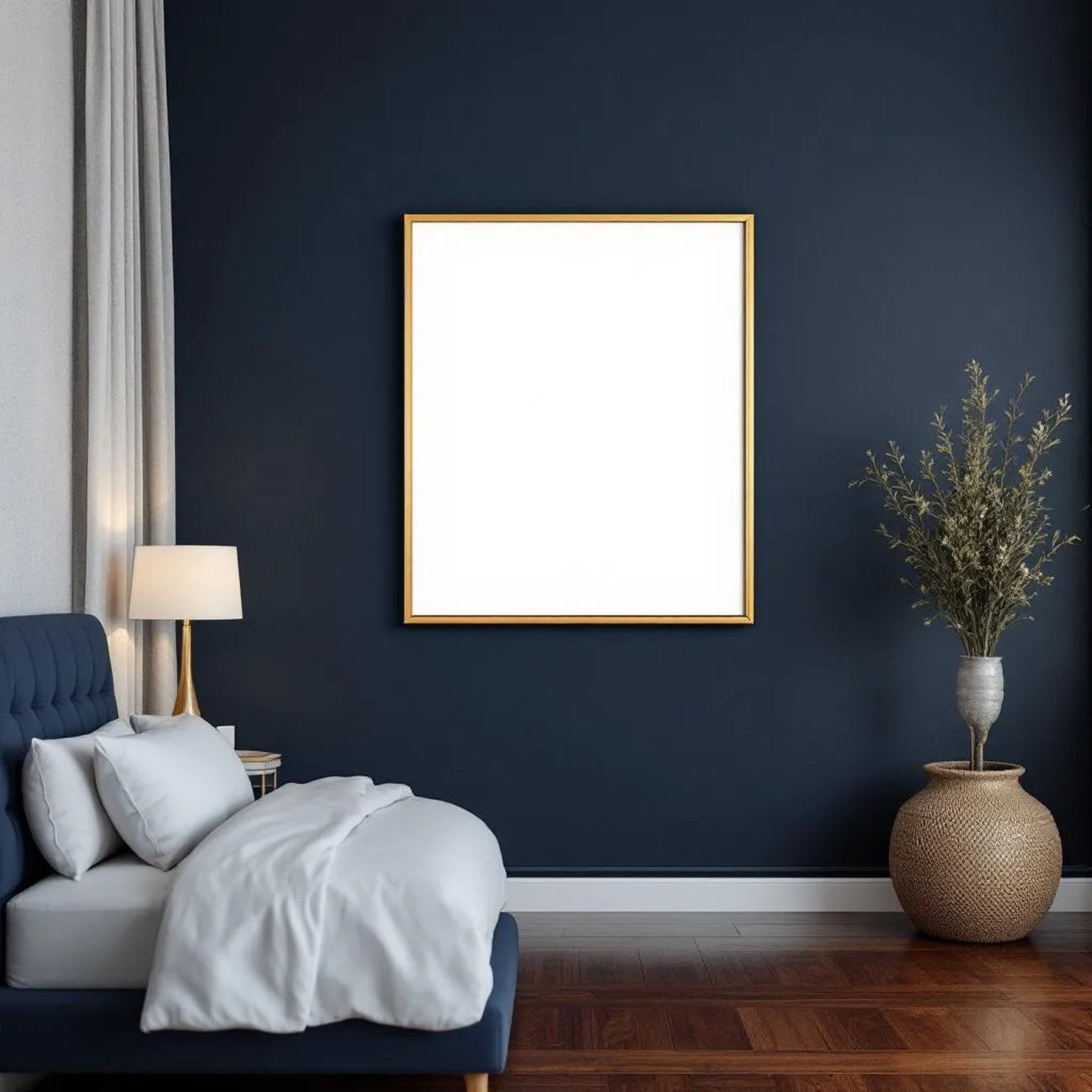 Dark Bedroom High-Res Frame Mockup — Plain Square Frame Portrait 4:5 — Perspective View — #02044 | MockupBulk