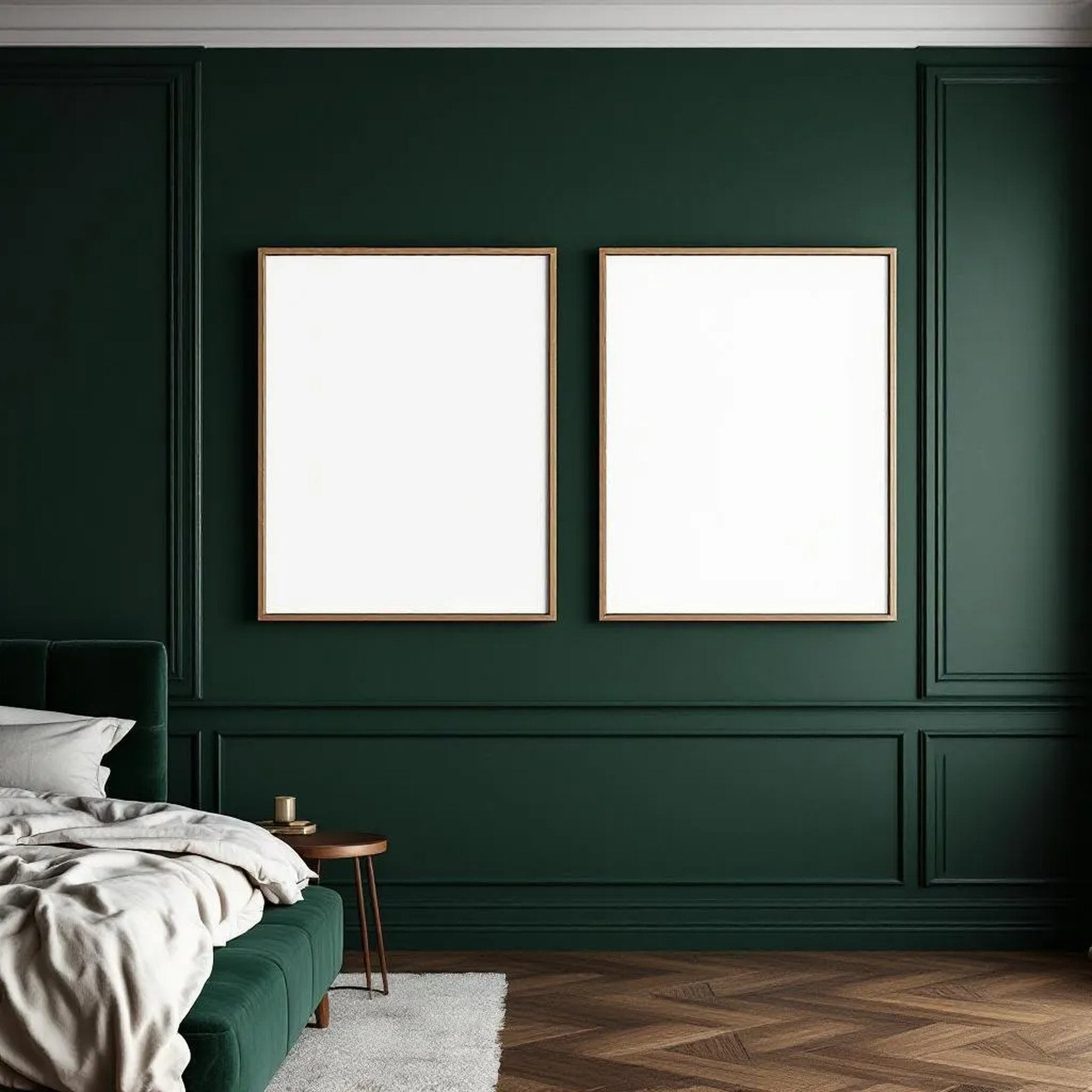 Dark Bedroom Premium Interior Mockup — Plain Square Frame Landscape 11x14 — Perspective View — #02031 | MockupBulk