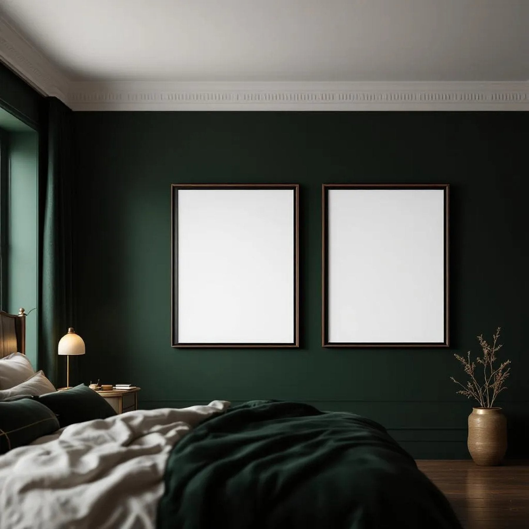 Dark Bedroom Interior Frame Mockup — Plain Square Frame Landscape 3:4 — Perspective View — #02037 | MockupBulk