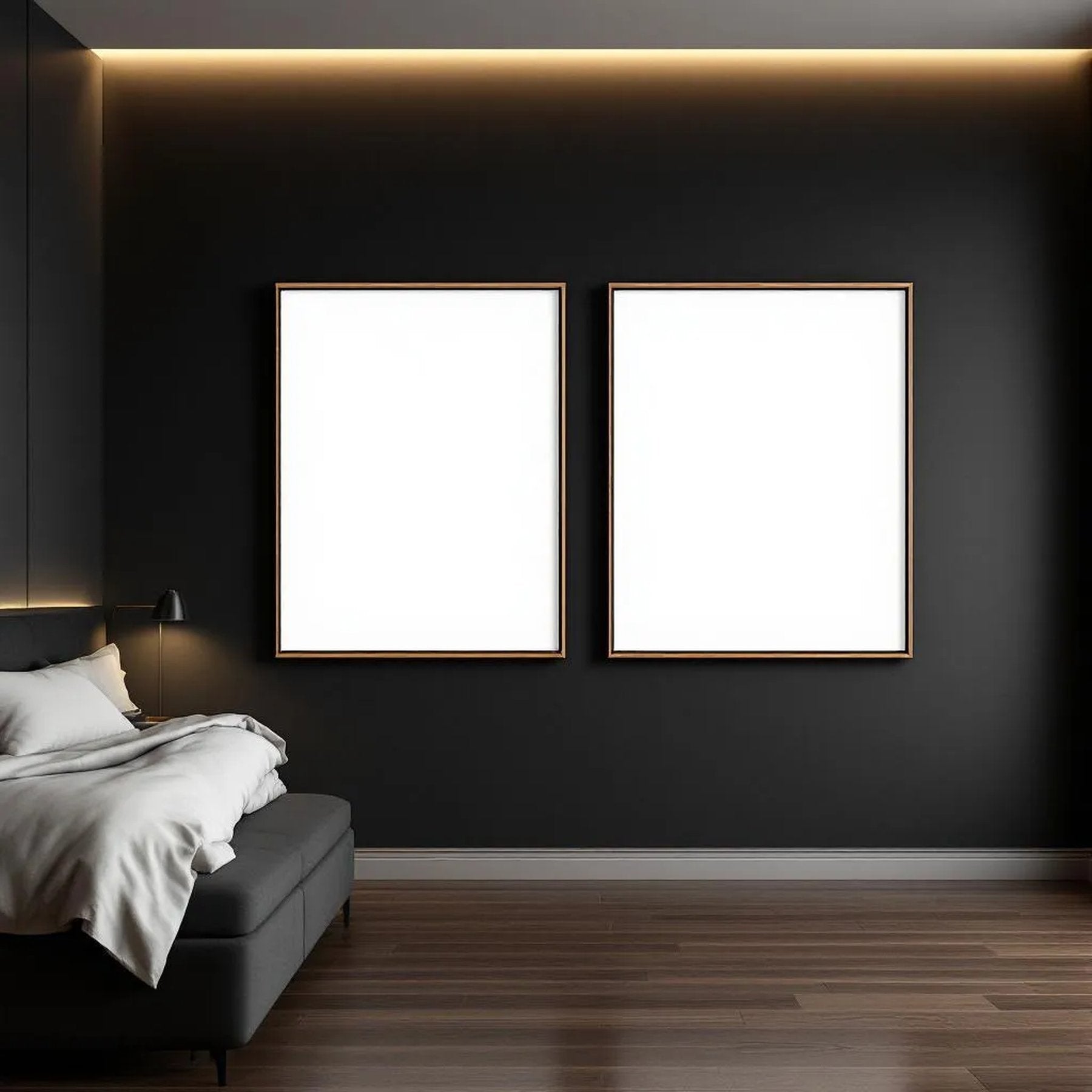Dark Bedroom Wall Art Mockup — Plain Square Frame Portrait 2:3 — Perspective View — #02039 | MockupBulk