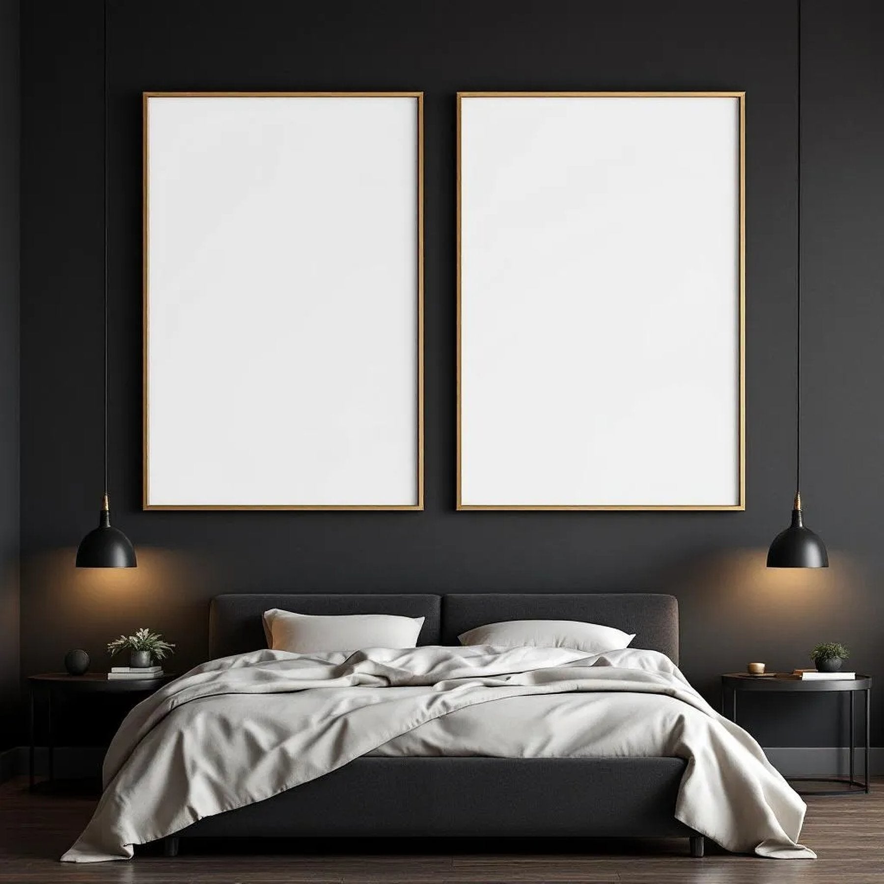 Dark Bedroom Editorial Room Mockup — Plain Square Frame Portrait 2:3 — Perspective View — #02042 | MockupBulk