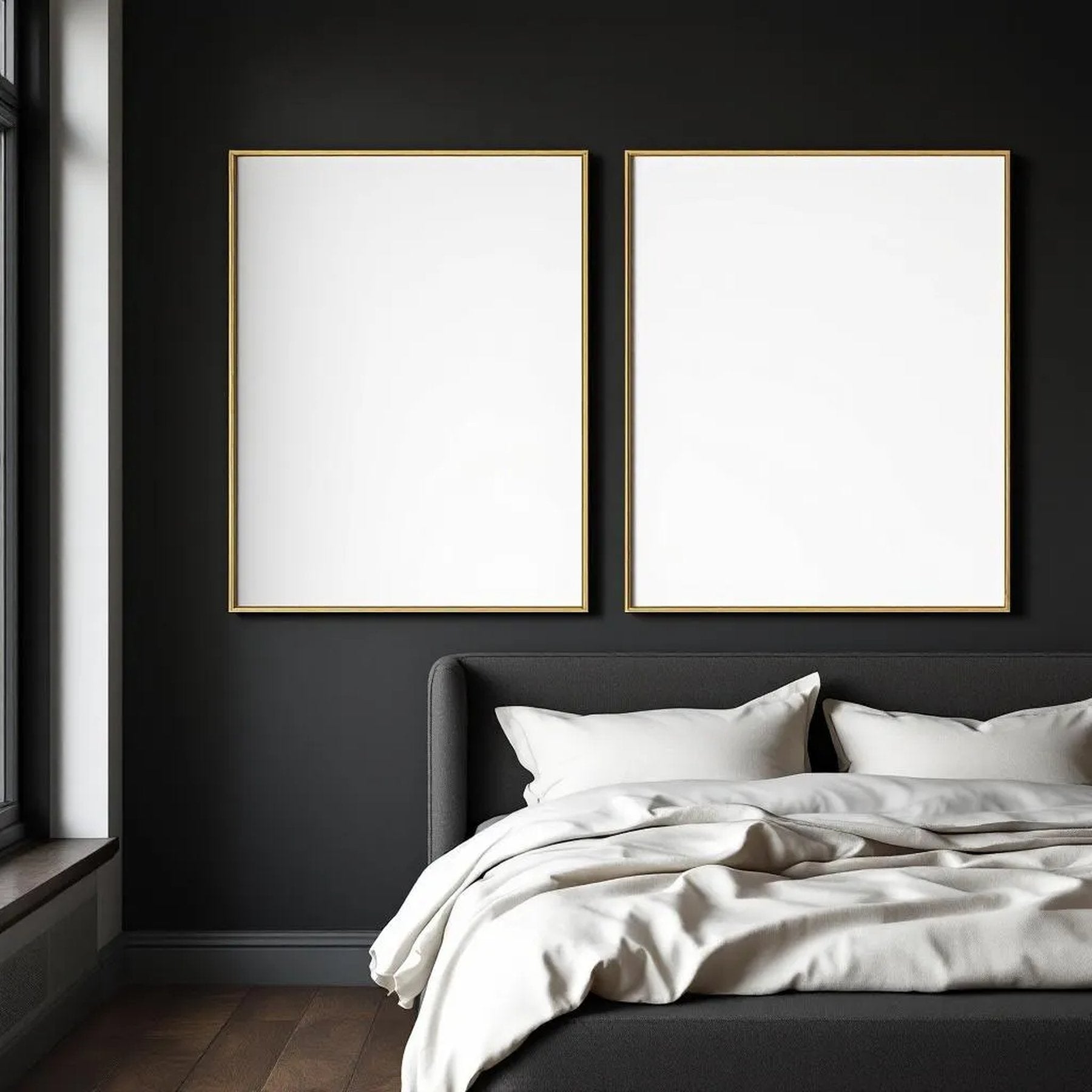 Dark Bedroom Room Scene Mockup — Plain Square Frame Portrait 2:3 — Perspective View — #02045 | MockupBulk