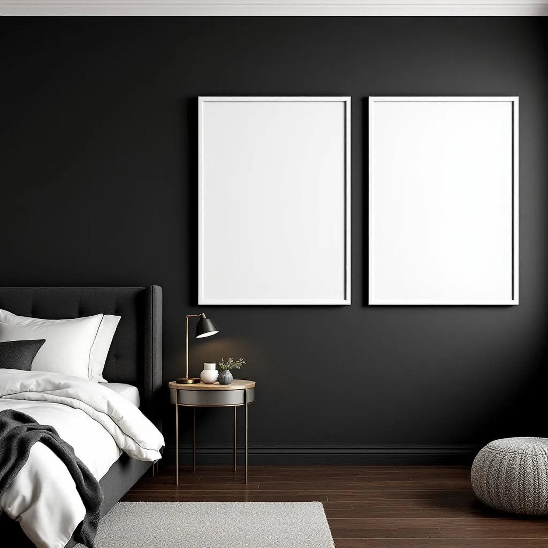 Dark Bedroom Premium Interior Mockup — Plain Square Frame Portrait 2:3 — Perspective View — #02024 | MockupBulk