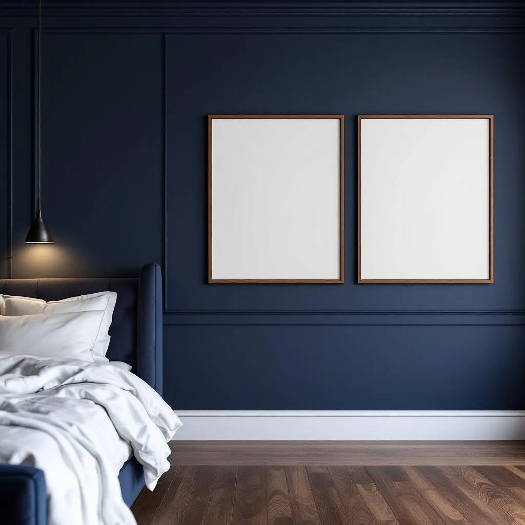 Dark Bedroom Editorial Room Mockup — Plain Square Frame Portrait 2:3 — Perspective View — #02035 | MockupBulk