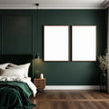 Dark Bedroom Interior Frame Mockup — Plain Square Frame Portrait 2:3 — Perspective View — #02040 | MockupBulk