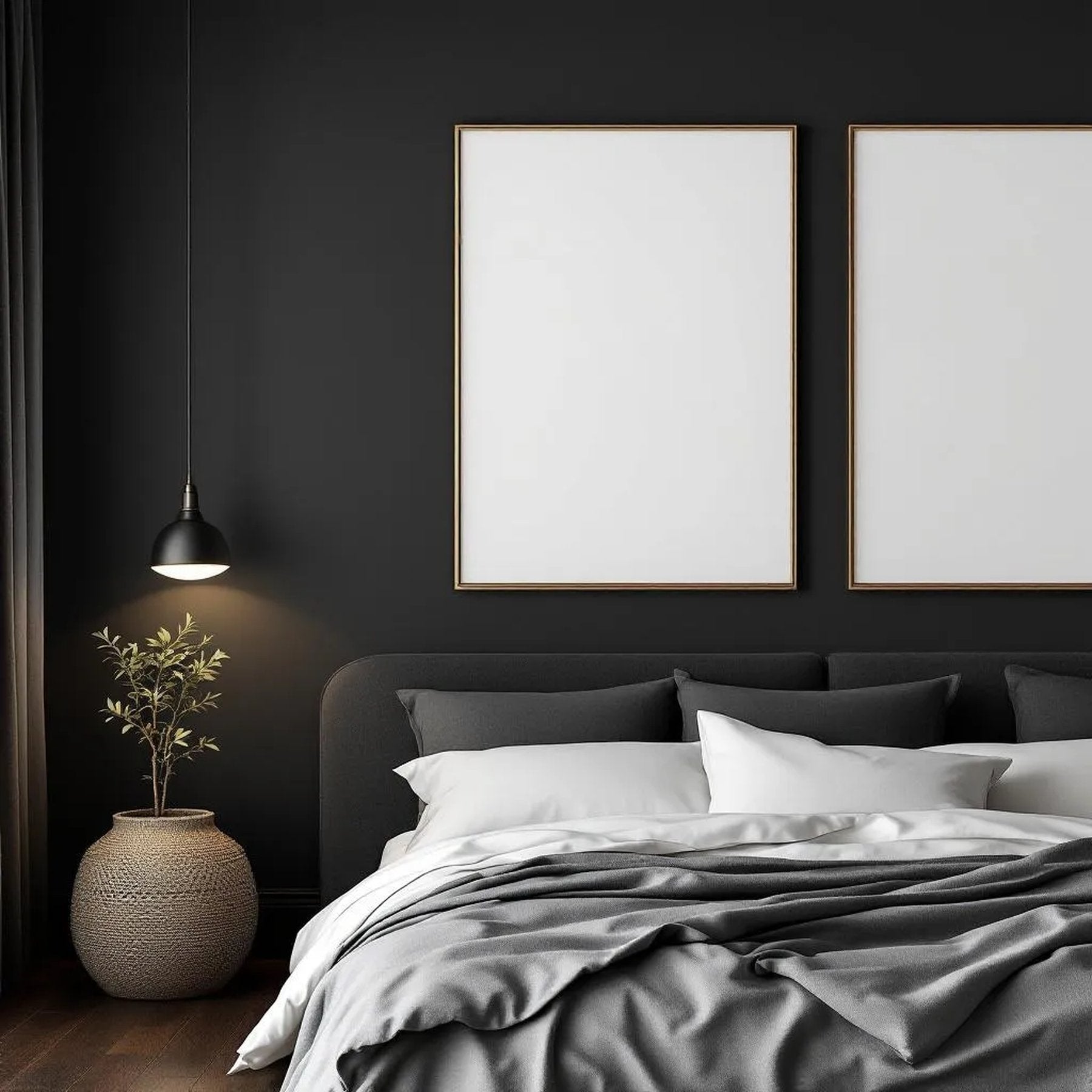 Dark Bedroom High-Res Frame Mockup — Plain Square Frame Portrait 2:3 — Perspective View — #02048 | MockupBulk