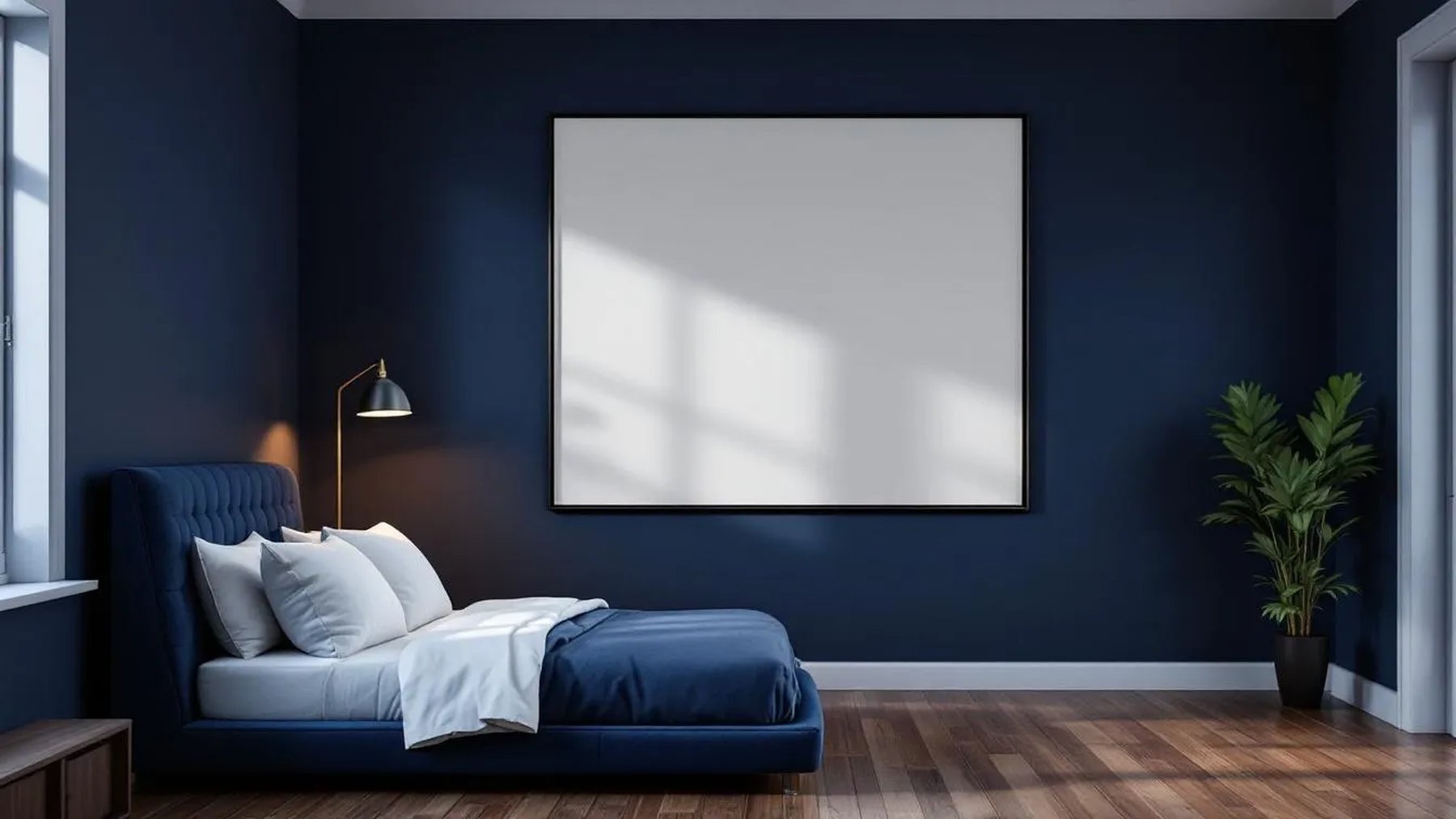 Bedroom Navy Editorial Room Mockup — Matte Black Frame Portrait 2:3 — Perspective View — #03866 | MockupBulk