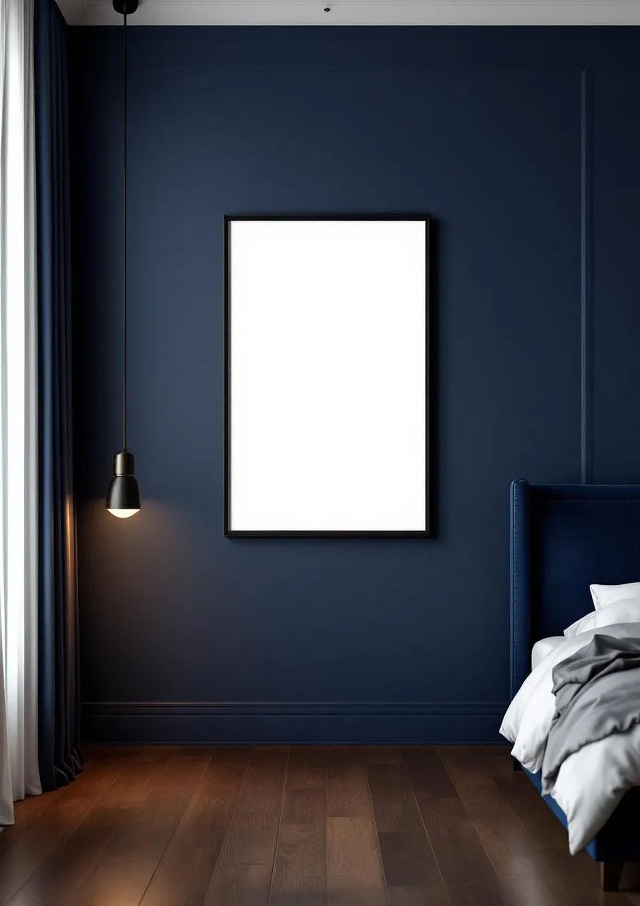 Bedroom Navy Interior Frame Mockup — Matte Black Frame Portrait 2:3 — Perspective View — #03867 | MockupBulk