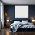 Bedroom Navy Interior Frame Mockup — Plain Square Frame Landscape 11x14 — Perspective View — #03868 | MockupBulk