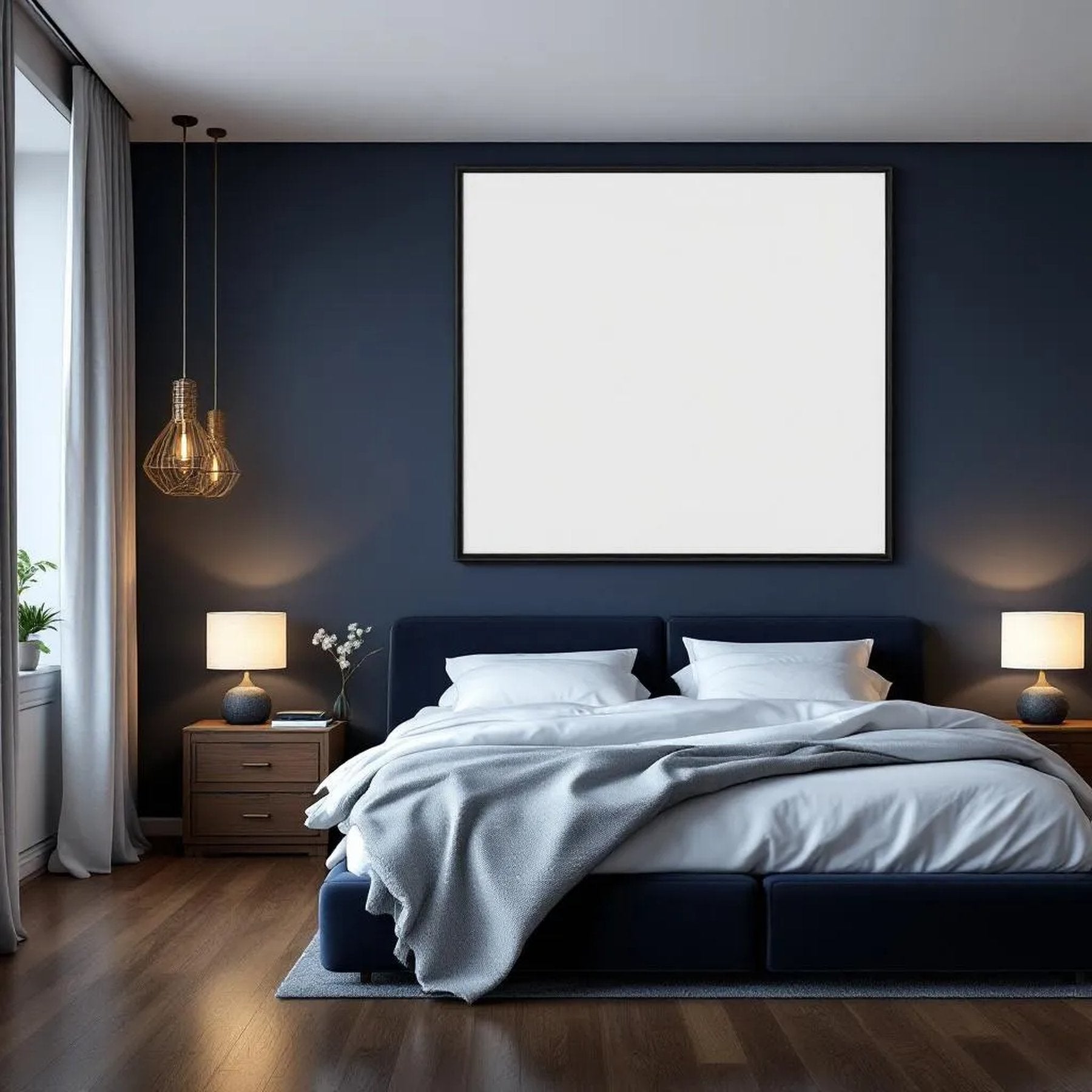 Bedroom Navy Interior Frame Mockup — Plain Square Frame Landscape 11x14 — Perspective View — #03868 | MockupBulk