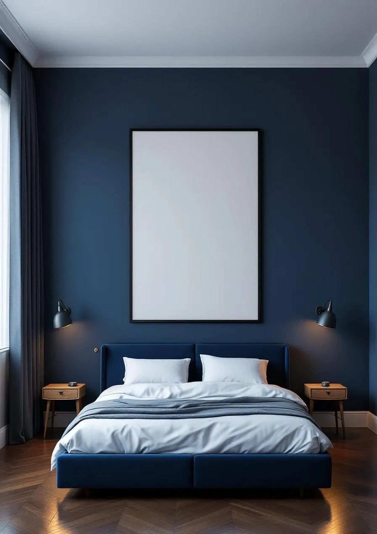 Bedroom Navy Premium Interior Mockup — Matte Black Frame Portrait 4:5 — Perspective View — #03870 | MockupBulk