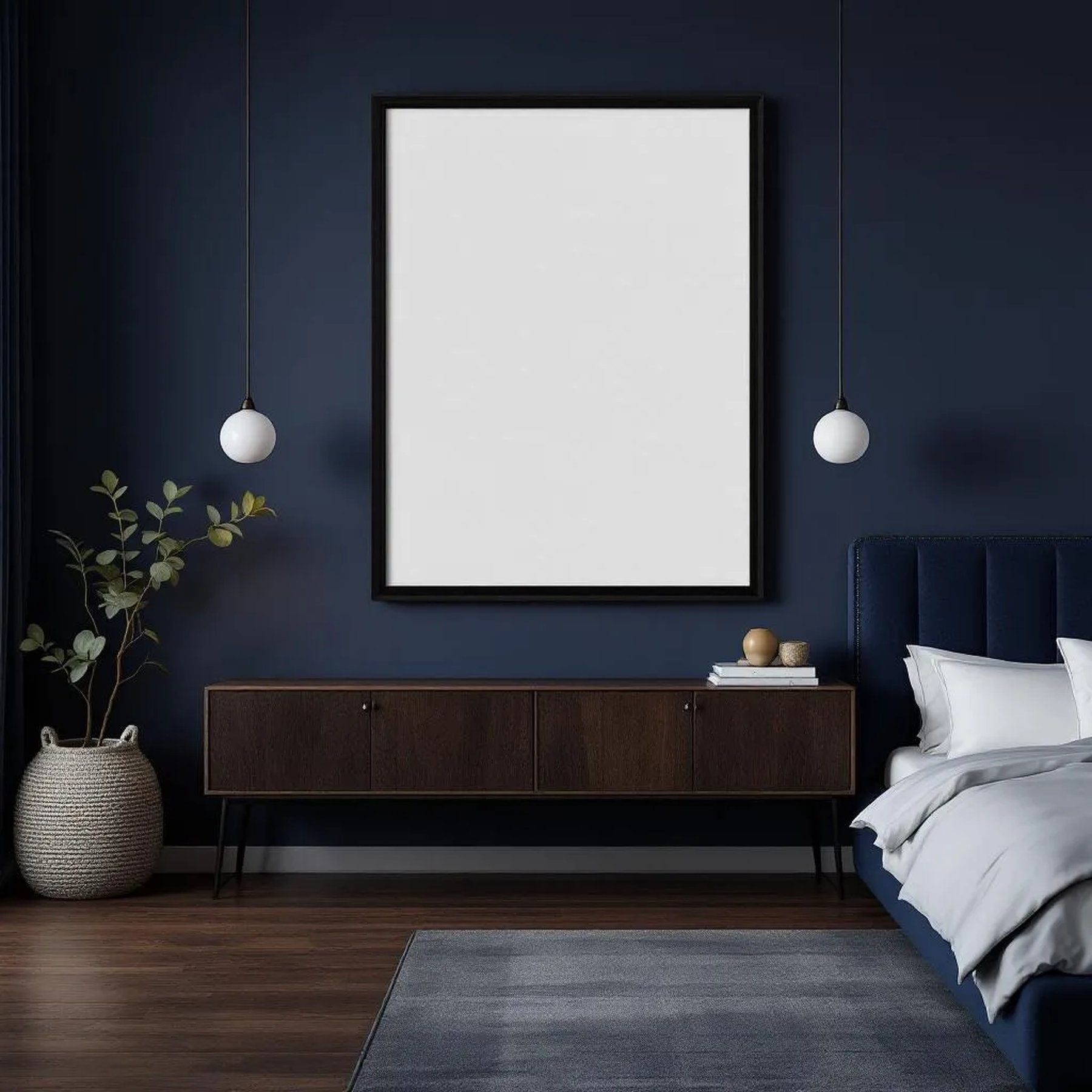 Bedroom Navy Interior Frame Mockup — Plain Square Frame Landscape 3:4 — Perspective View — #03871 | MockupBulk