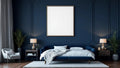 Bedroom Navy Lifestyle Frame Mockup — Matte Black Frame Portrait 2:3 — Perspective View — #03872 | MockupBulk