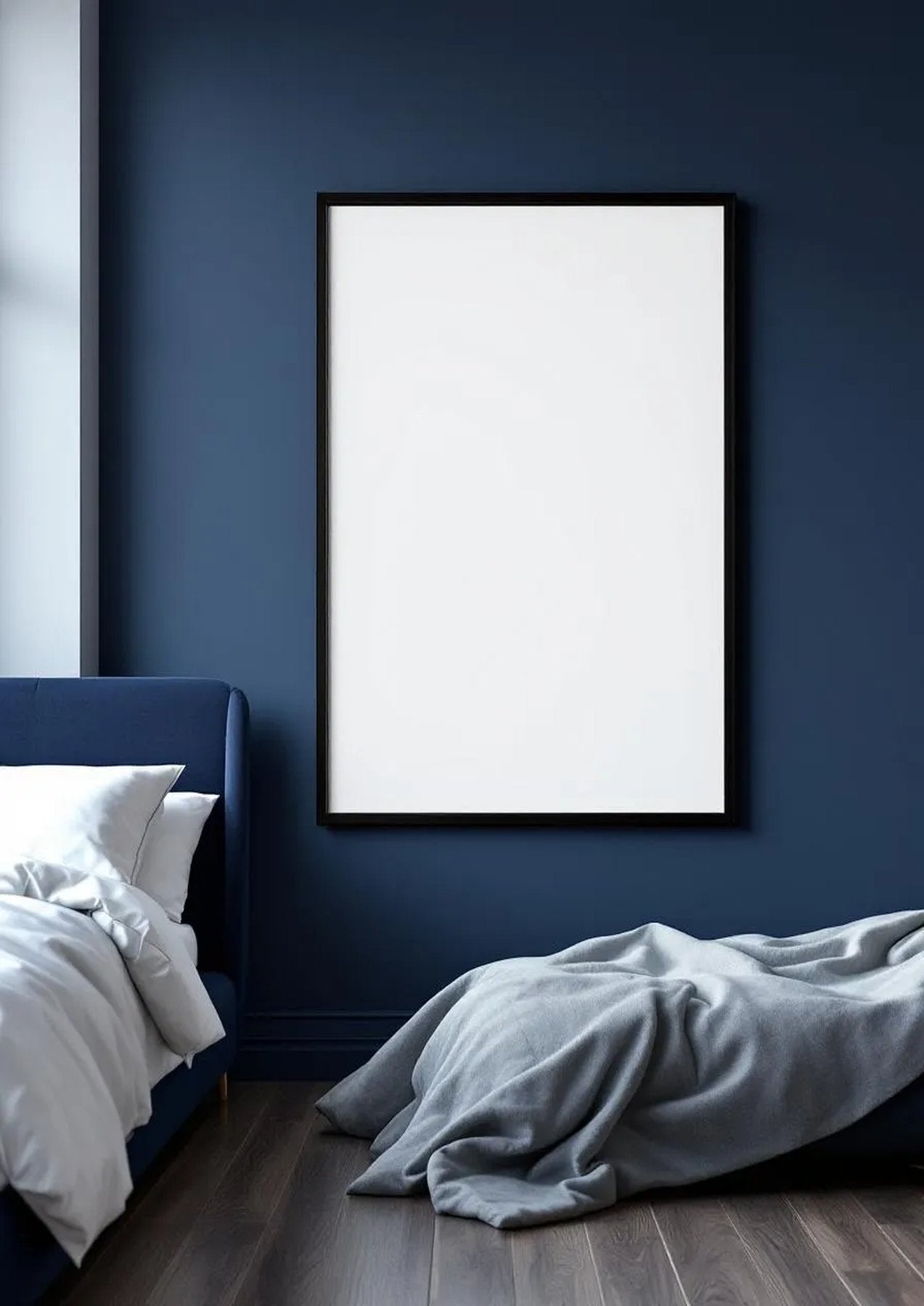 Bedroom Navy Frame Display Mockup — Matte Black Frame Portrait 2:3 — Perspective View — #03873 | MockupBulk