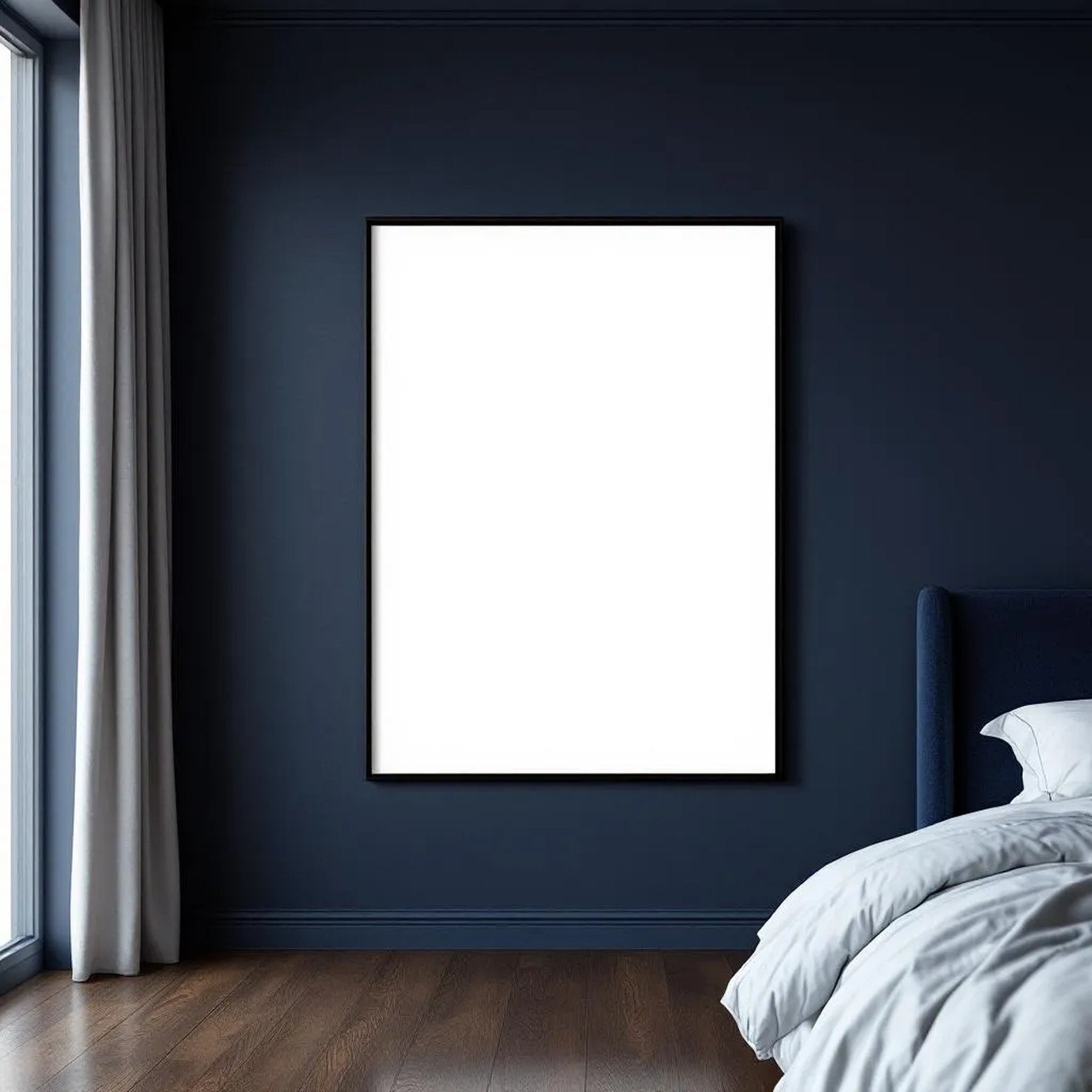Bedroom Navy Interior Frame Mockup — Plain Square Frame Portrait 5:7 — Perspective View — #03874 | MockupBulk