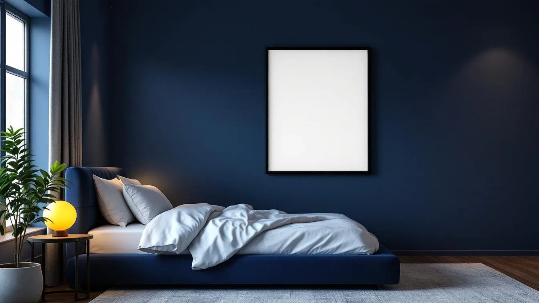 Bedroom Navy Styled Room Mockup — Matte Black Frame Portrait 4:5 — Perspective View — #03875 | MockupBulk