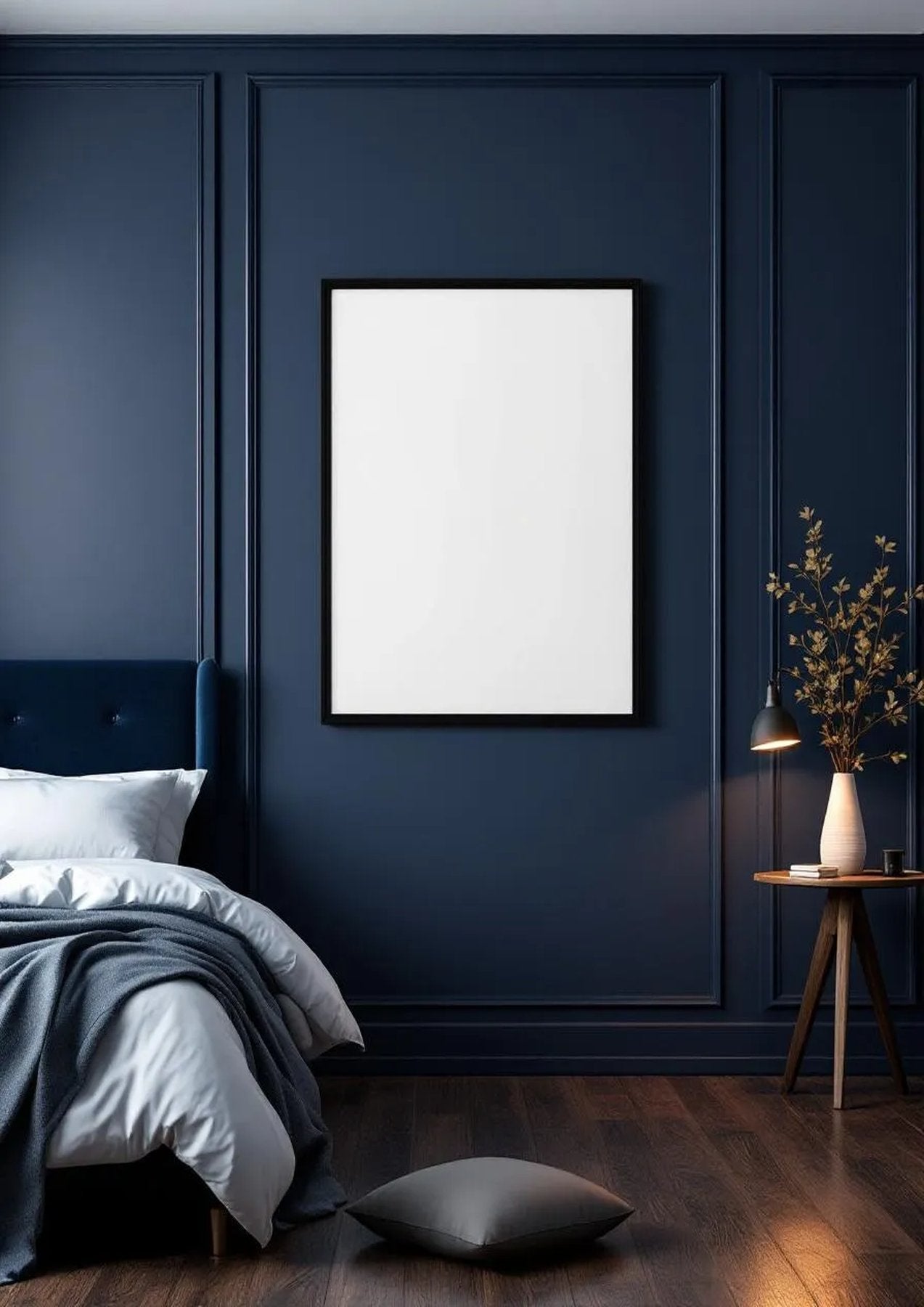 Bedroom Navy High-Res Frame Mockup — Matte Black Frame A-Series (A4 / A3) — Perspective View — #03876 | MockupBulk