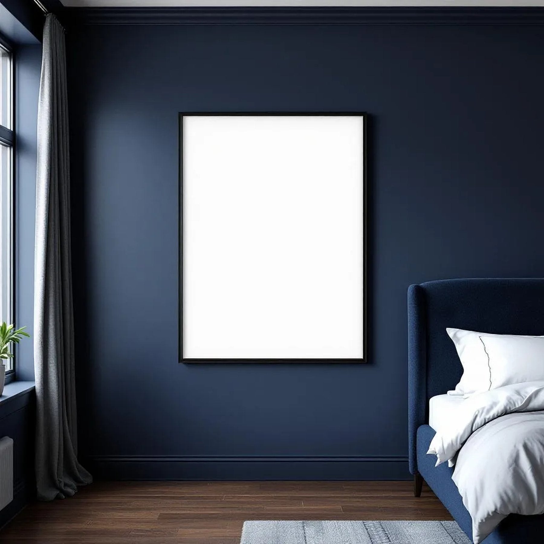 Bedroom Navy Frame Display Mockup — Plain Square Frame Portrait 5:7 — Perspective View — #03877 | MockupBulk