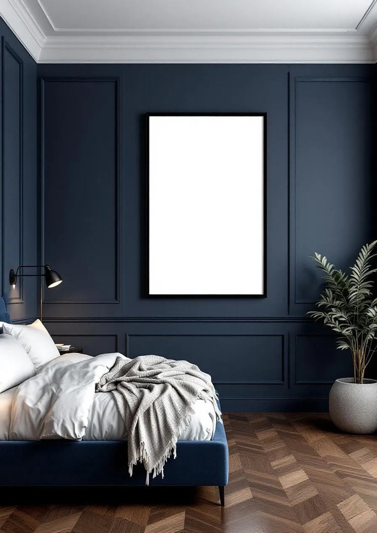 Bedroom Navy Editorial Room Mockup — Matte Black Frame Portrait 2:3 — Perspective View — #03879 | MockupBulk