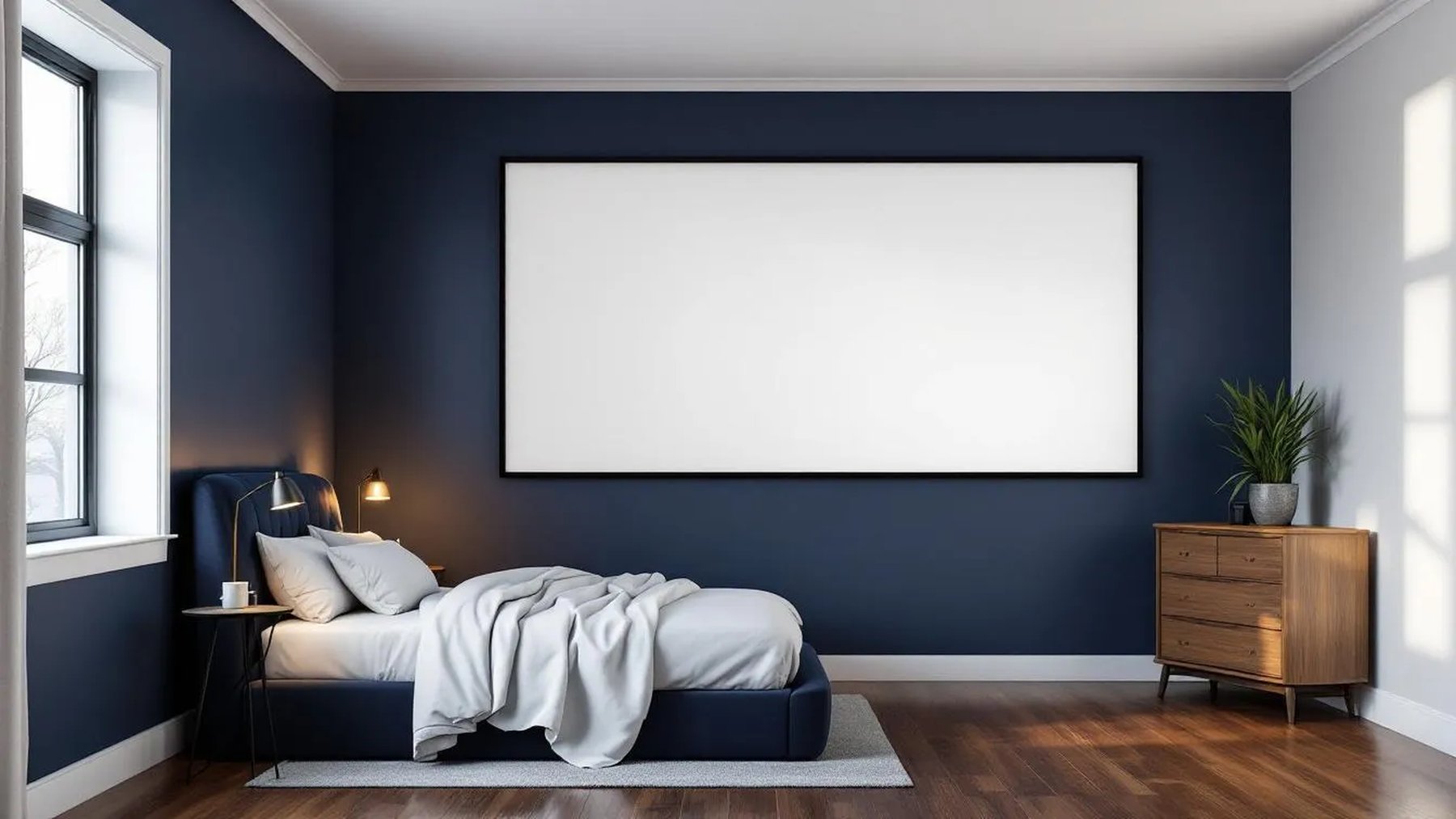 Bedroom Navy Lifestyle Frame Mockup — Matte Black Frame Square 1:1 — Perspective View — #03881 | MockupBulk