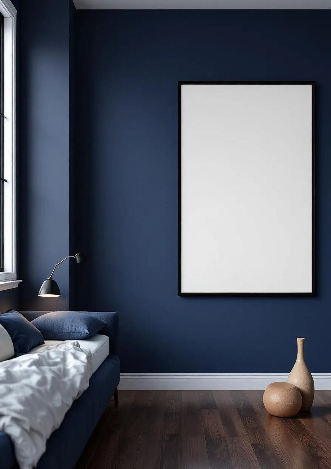 Bedroom Navy Interior Frame Mockup — Matte Black Frame Portrait 2:3 — Perspective View — #03882 | MockupBulk