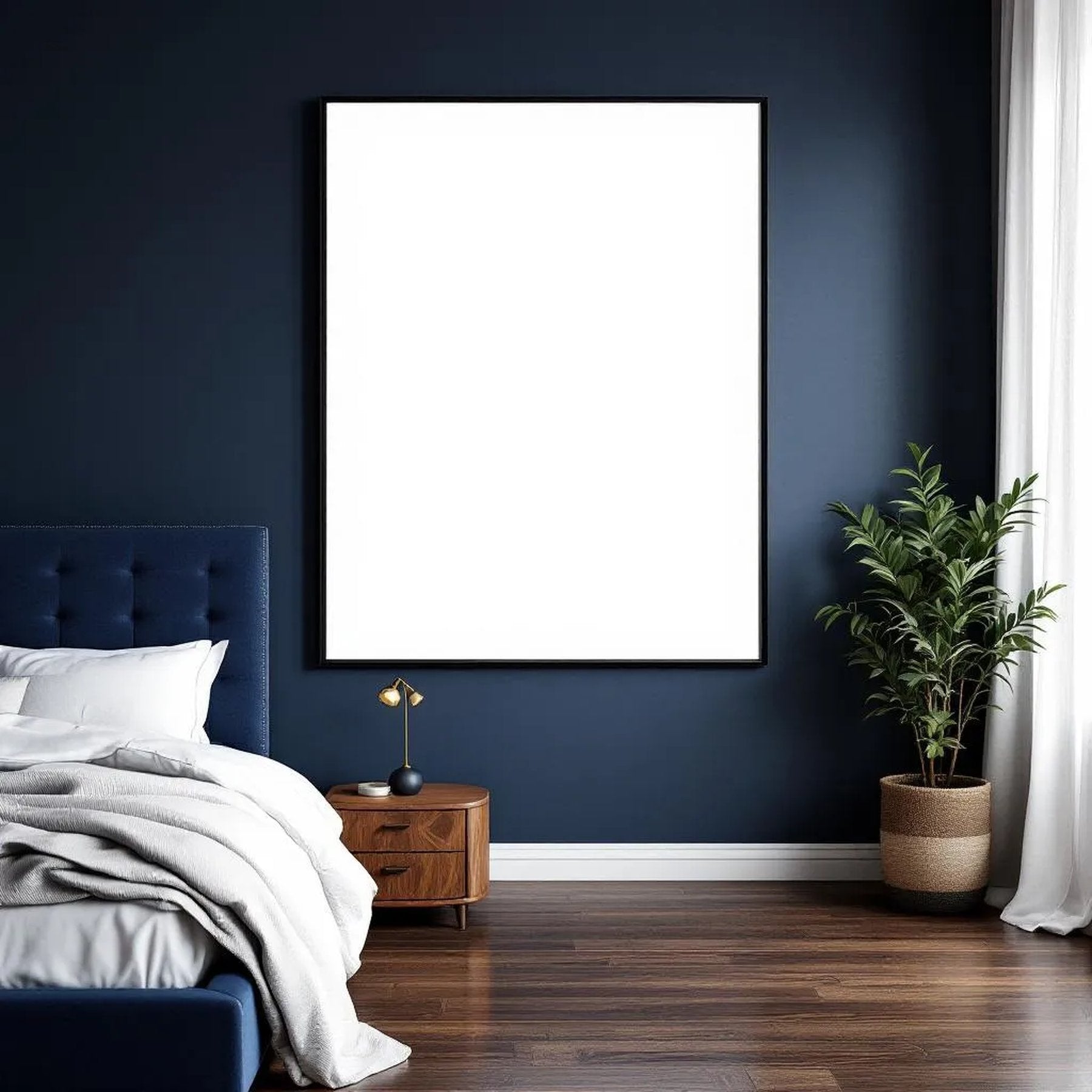 Bedroom Navy Premium Interior Mockup — Plain Square Frame Portrait 4:5 — Perspective View — #03883 | MockupBulk