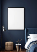Bedroom Navy Lifestyle Frame Mockup — Matte Black Frame Portrait 2:3 — Perspective View — #03885 | MockupBulk