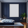Bedroom Navy Premium Interior Mockup — Plain Square Frame Portrait 2:3 — Perspective View — #03886 | MockupBulk