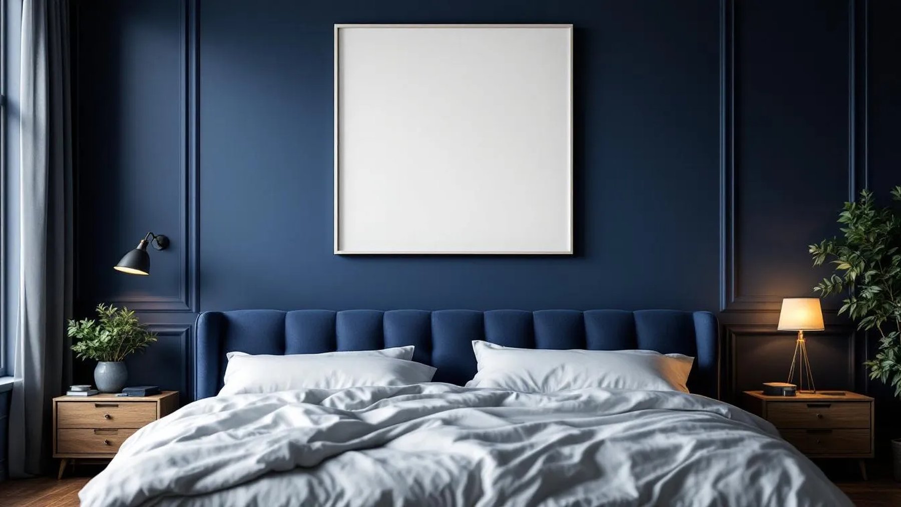 Bedroom Navy Frame Display Mockup — White Frame Portrait 2:3 — Perspective View — #03887 | MockupBulk