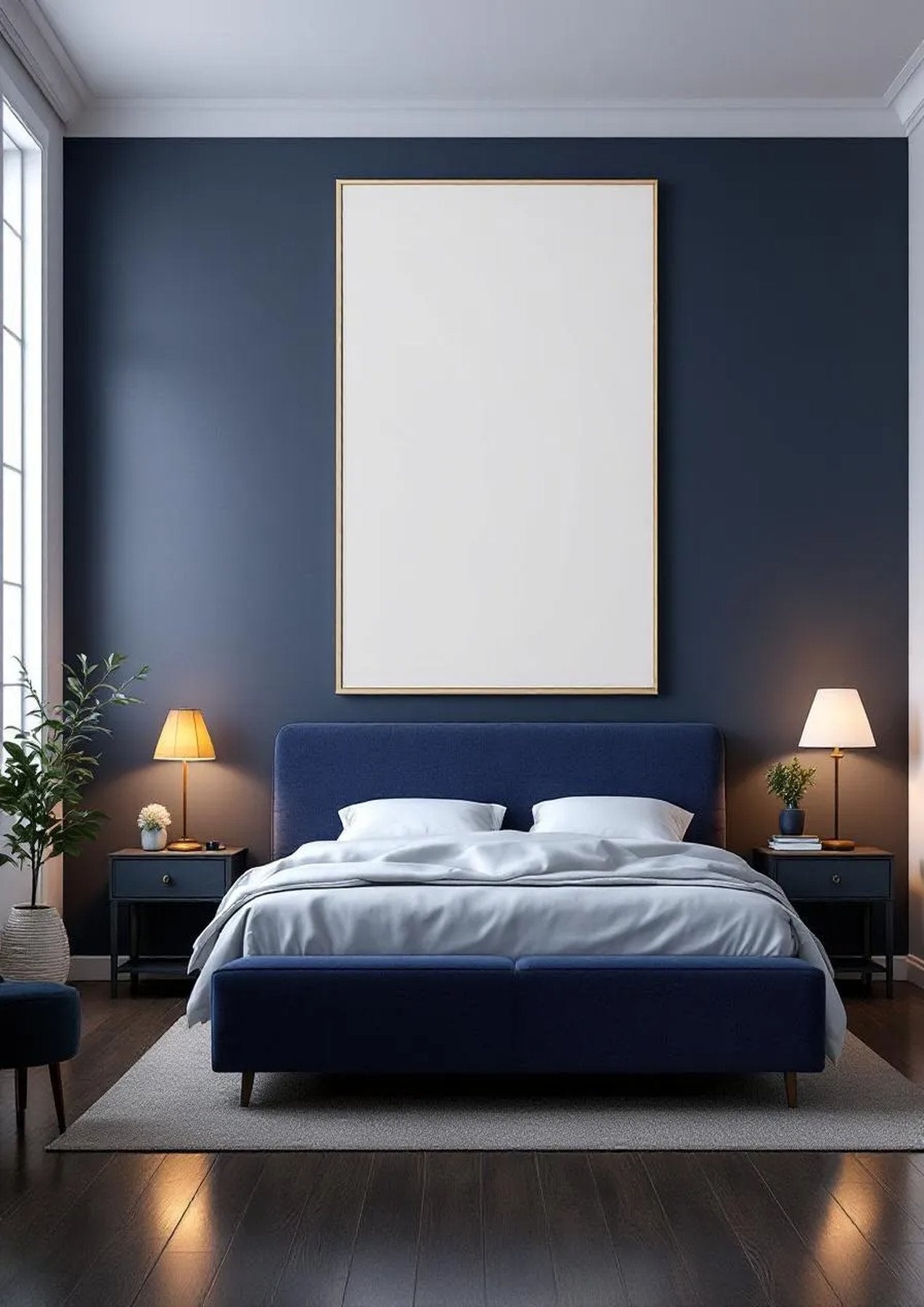 Bedroom Navy Wall Art Mockup — White Frame Portrait 2:3 — Perspective View — #03888 | MockupBulk