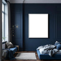 Bedroom Navy Styled Room Mockup — Plain Square Frame Landscape 3:4 — Perspective View — #03889 | MockupBulk