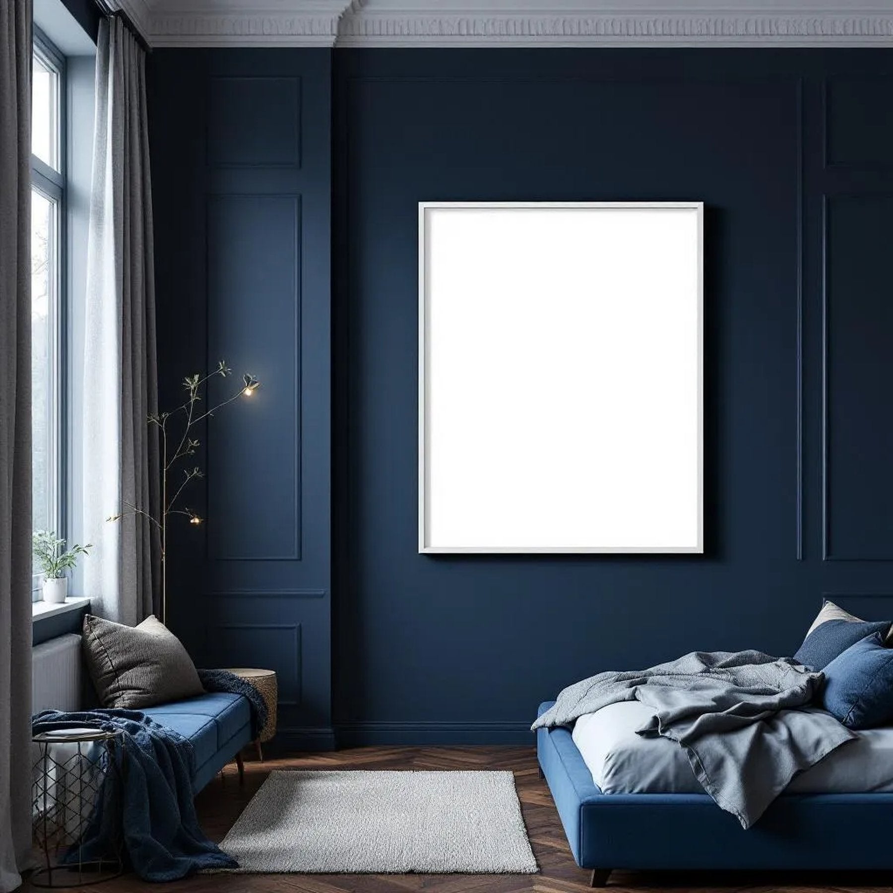 Bedroom Navy Styled Room Mockup — Plain Square Frame Landscape 3:4 — Perspective View — #03889 | MockupBulk