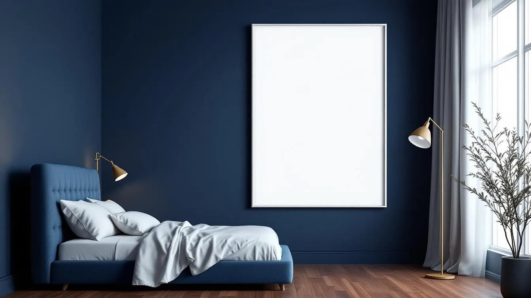 Bedroom Navy High-Res Frame Mockup — White Frame A-Series (A4 / A3) — Perspective View — #03890 | MockupBulk