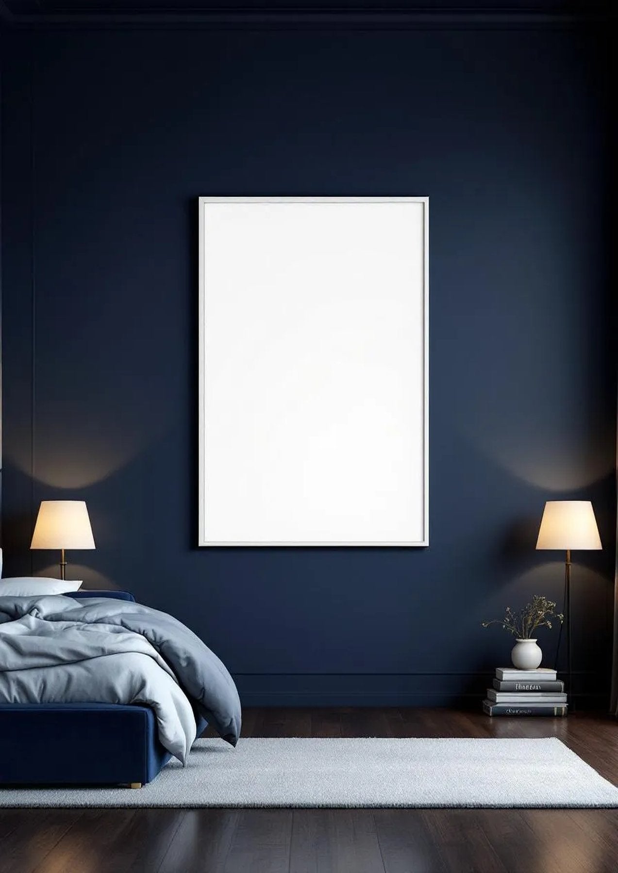 Bedroom Navy High-Res Frame Mockup — White Frame Portrait 2:3 — Perspective View — #03891 | MockupBulk