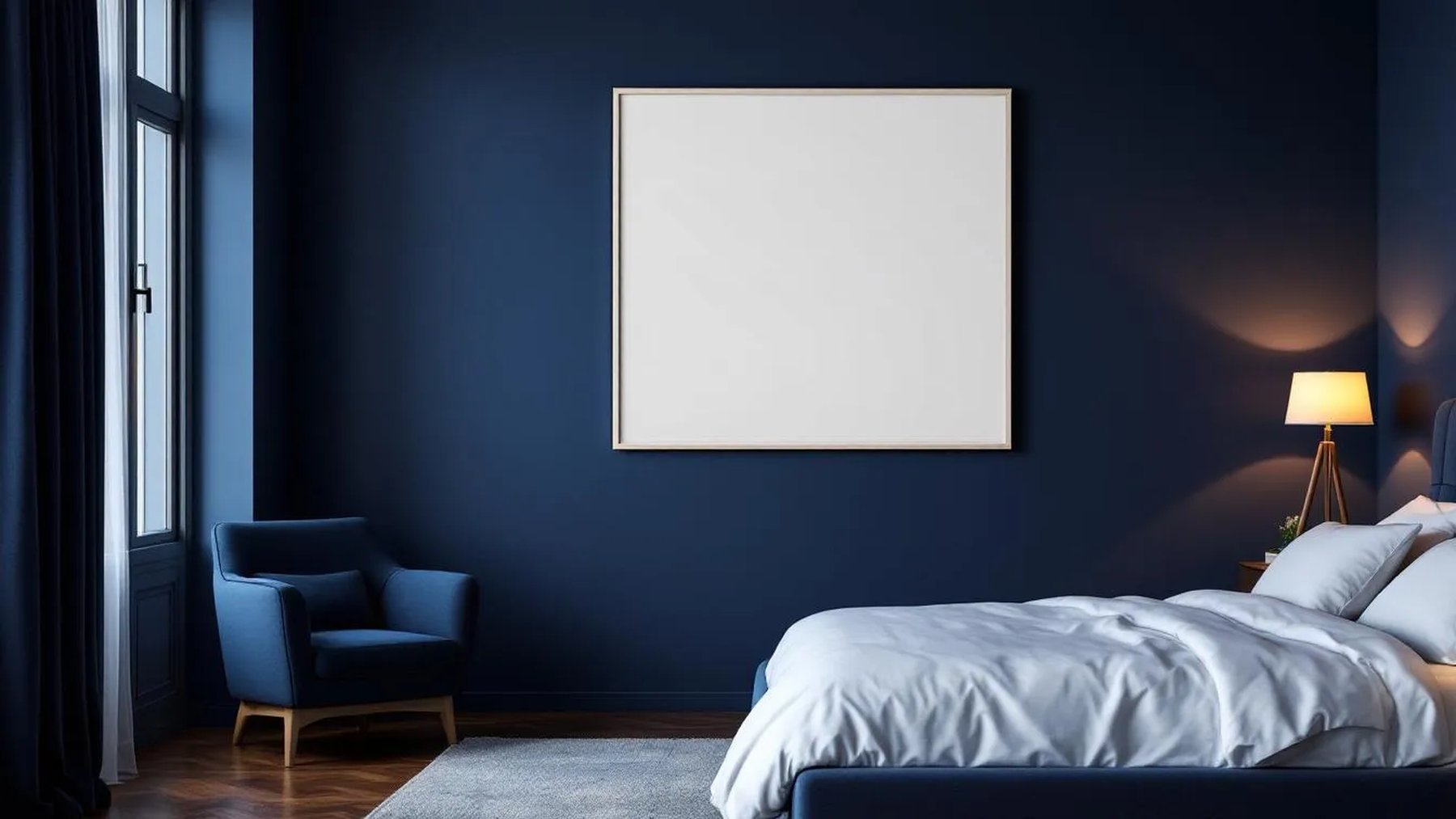 Bedroom Navy Styled Room Mockup — White Frame Portrait 2:3 — Perspective View — #03893 | MockupBulk