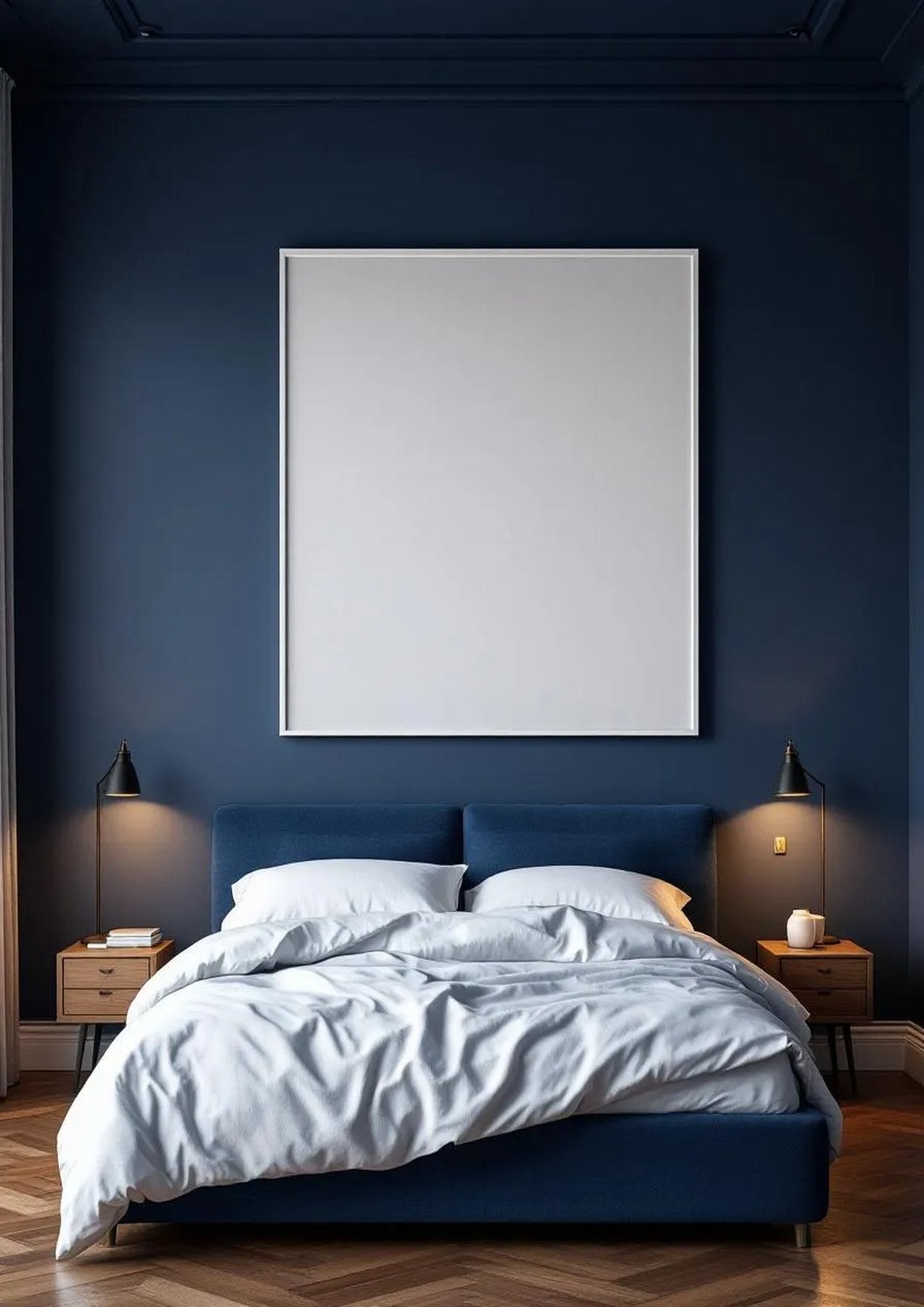 Bedroom Navy Professional Frame Mockup — White Frame Portrait 2:3 — Perspective View — #03894 | MockupBulk