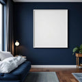 Bedroom Navy Editorial Room Mockup — Plain Square Frame Portrait 2:3 — Perspective View — #03895 | MockupBulk