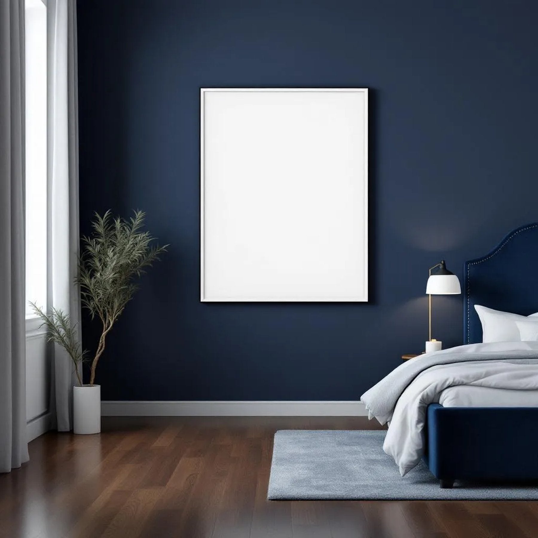 Bedroom Navy Frame Display Mockup — Plain Square Frame Landscape 3:4 — Perspective View — #03898 | MockupBulk