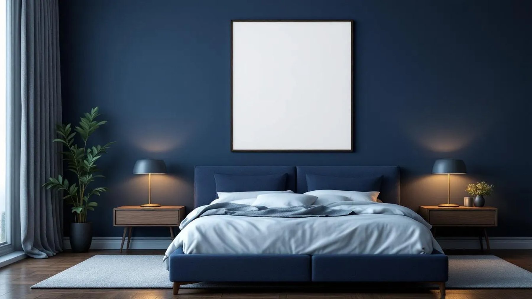 Bedroom Navy Professional Frame Mockup — White Frame Portrait 2:3 — Perspective View — #03899 | MockupBulk