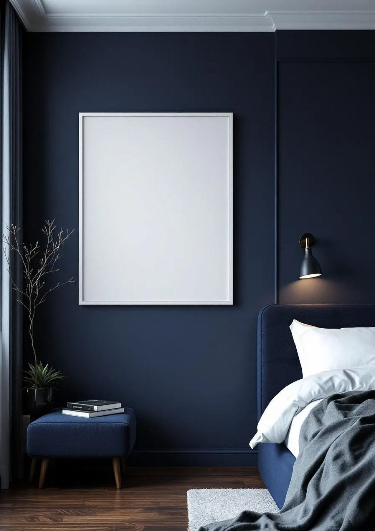 Bedroom Navy Wall Art Mockup — White Frame Portrait 2:3 — Perspective View — #03903 | MockupBulk