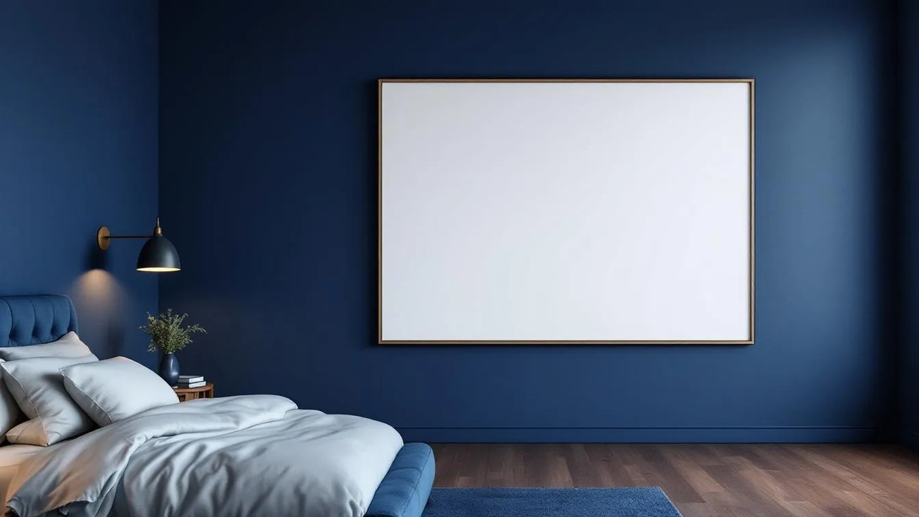 Bedroom Navy Wall Art Mockup — White Frame Square 1:1 — Perspective View — #03905 | MockupBulk