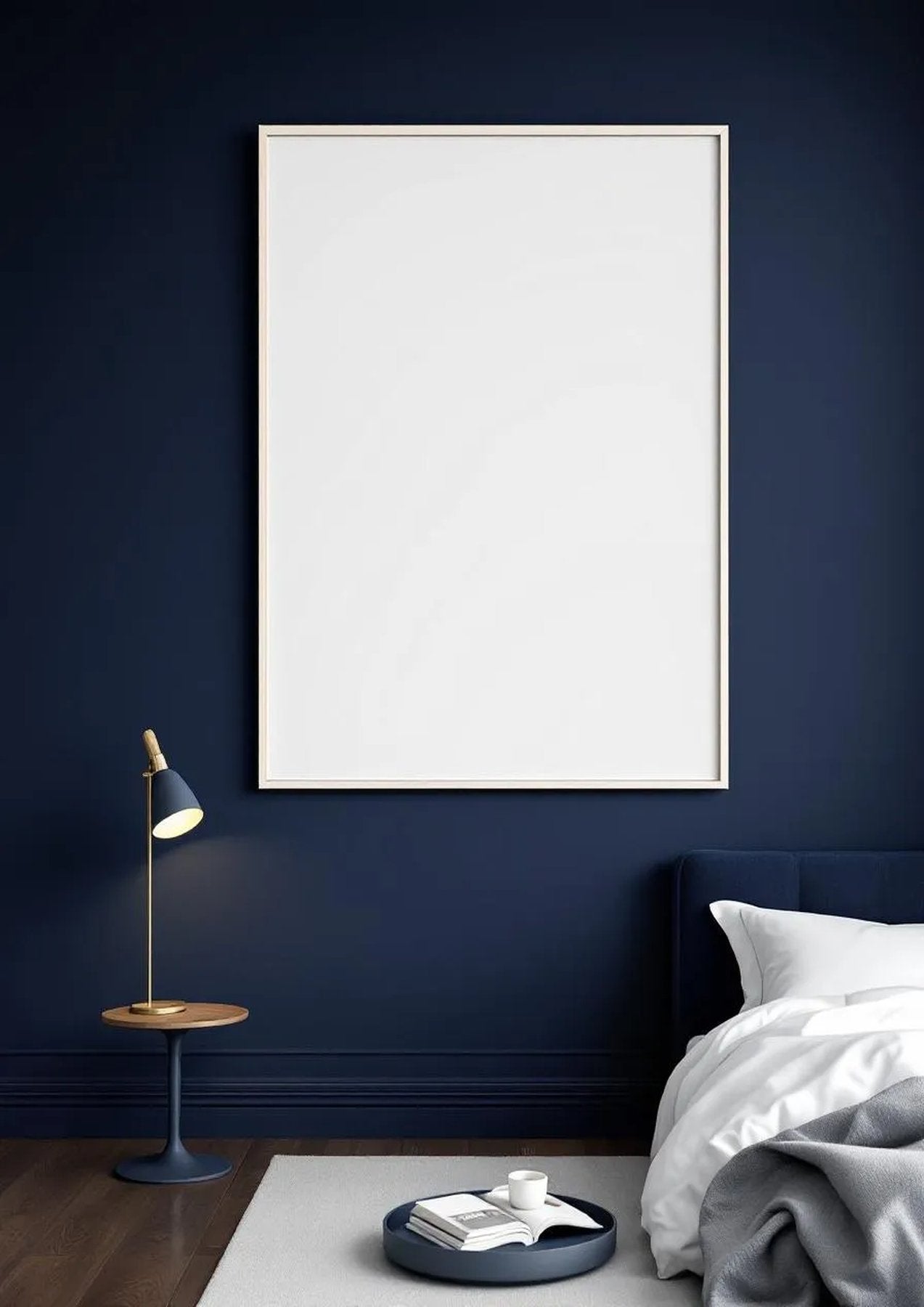Bedroom Navy Editorial Room Mockup — White Frame Portrait 2:3 — Perspective View — #03906 | MockupBulk