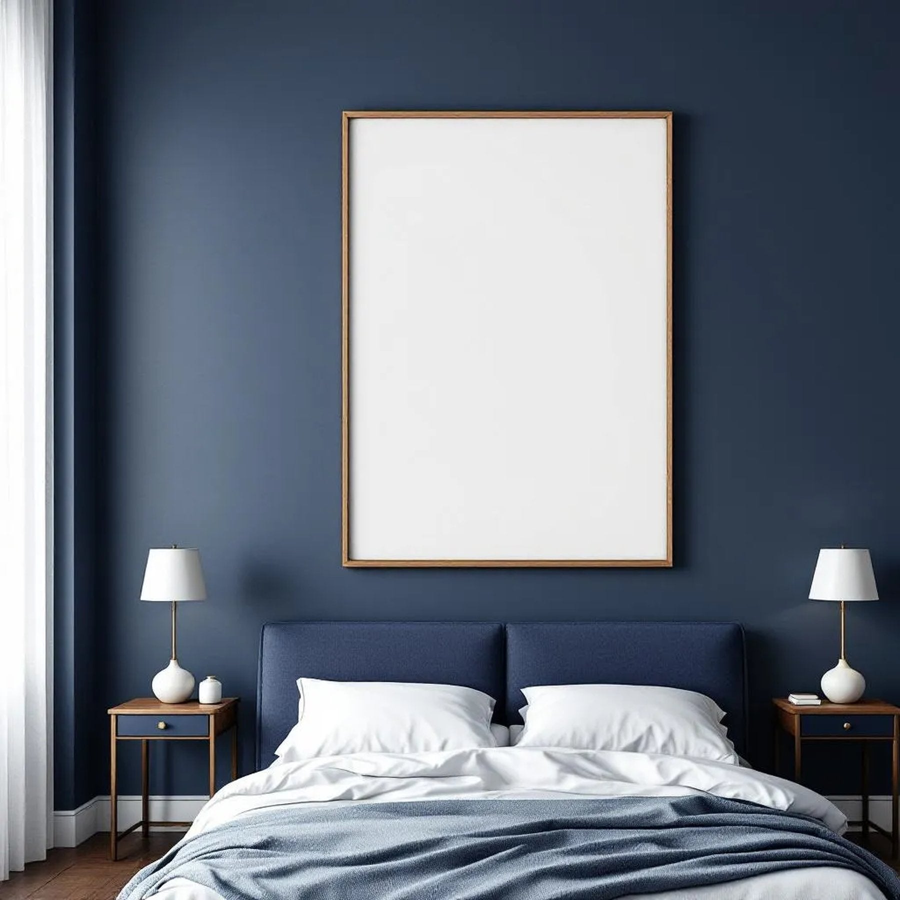 Bedroom Navy Styled Room Mockup — Plain Square Frame Portrait 2:3 — Perspective View — #03907 | MockupBulk