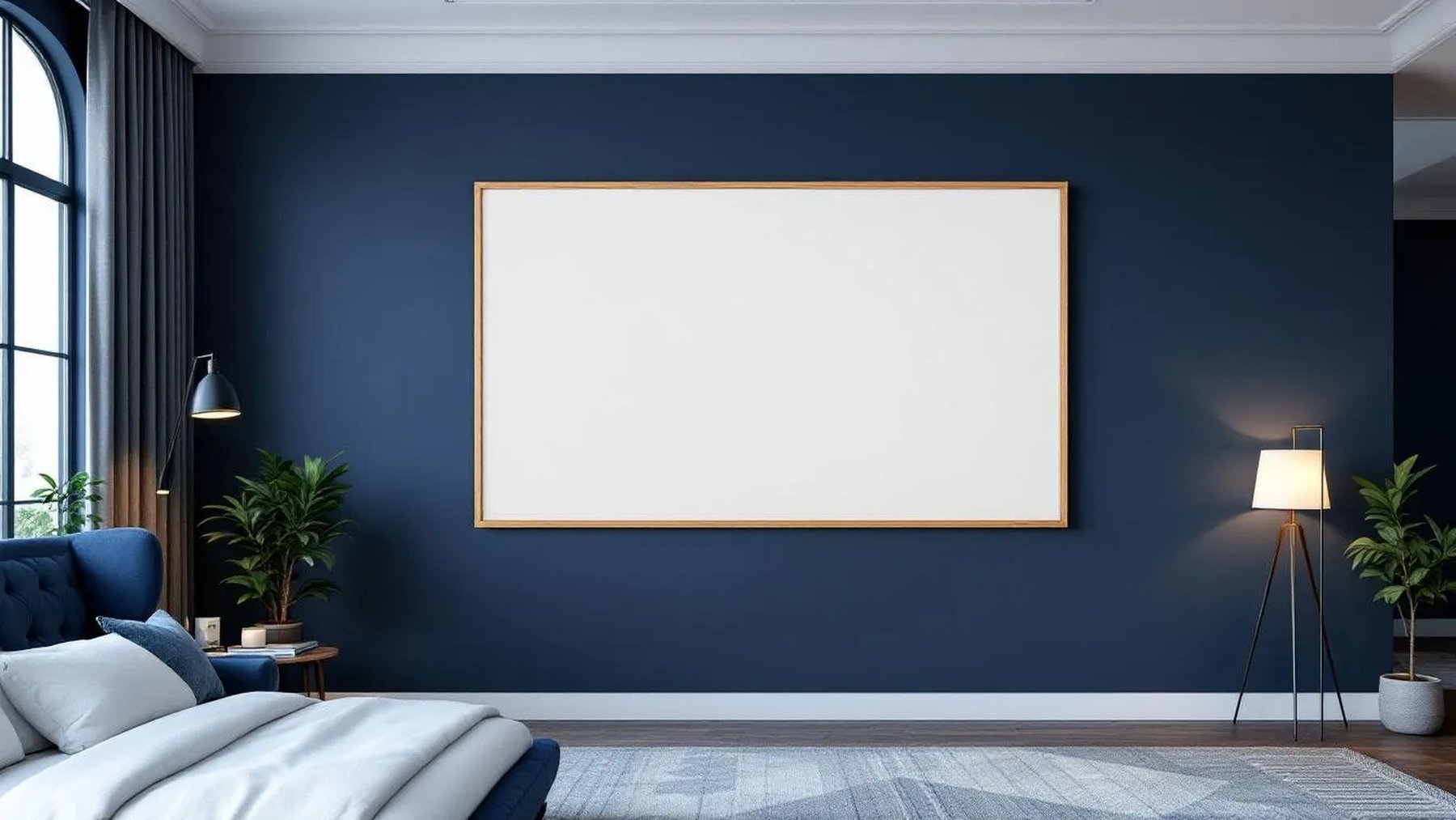 Bedroom Navy Frame Display Mockup — Natural Oak Frame Square 1:1 — Perspective View — #03908 | MockupBulk